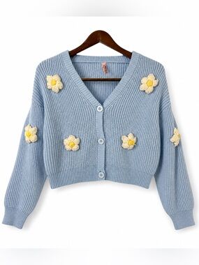 Bonnie & Bianca Blue Floral Appliqué Cropped Cardigan Cottagecore Knit Sweater M